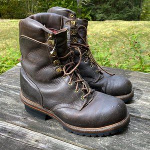 Vintage MENS Brown Leather Chippewa Logger Lace Up Heeled Work Boots - Size 10D